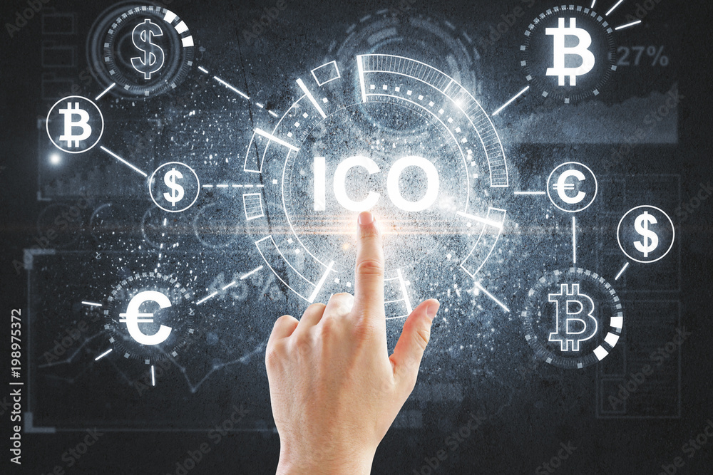 Hand pointing at ICO backdrop Hand pointing at ICO backdrop