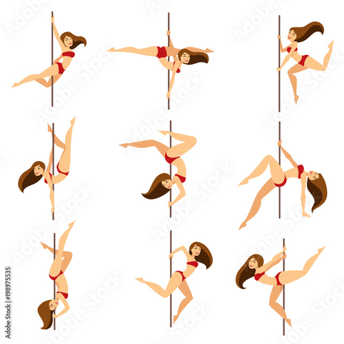 Woman pole dancer dancing poses on pole vector cartoon isolated icons