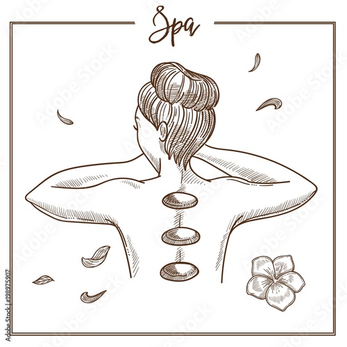 SPA salon hot massage stones woman treatment vector sketch icon