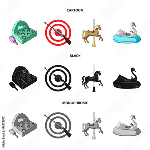 A game with a bat, a target with a gun, a horse on a carousel, a swan attraction. Amusement park set collection icons in cartoon,black,monochrome style vector symbol stock illustration web.