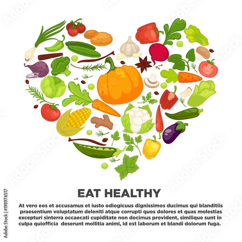 Eat healthy commercial poster with tasty vegetables inside big heart. Banner to encourage people to have proper organic nutrition.