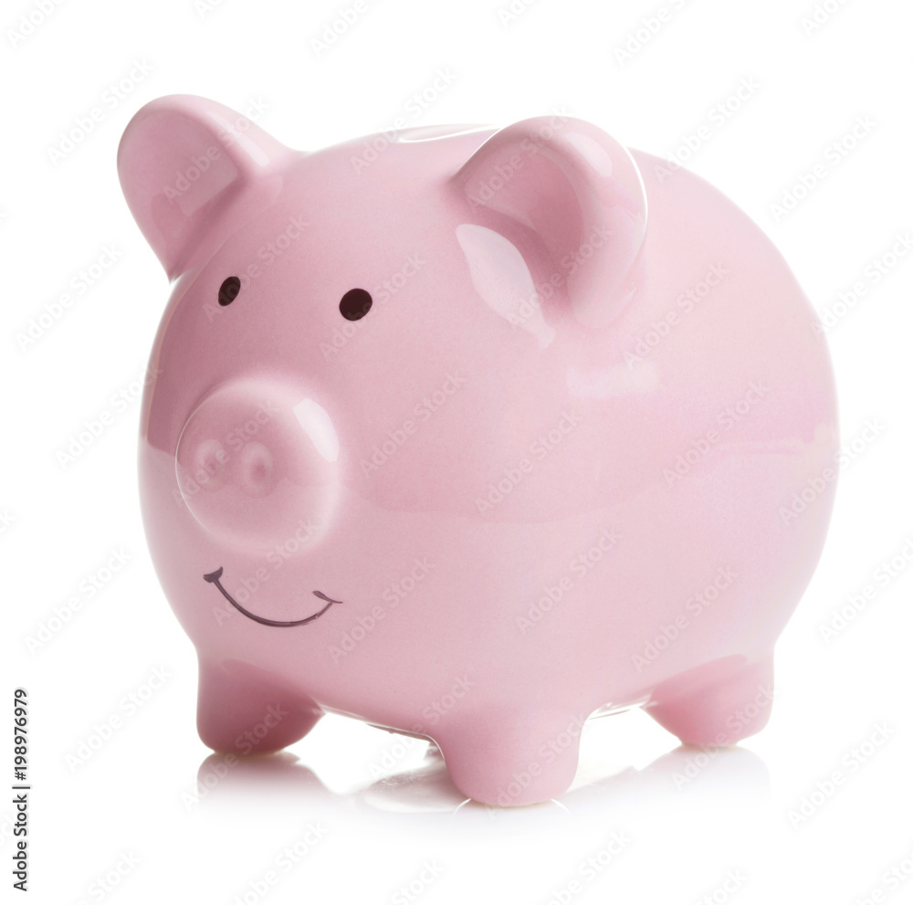 single ceramic pink piggy bank isolated on white background