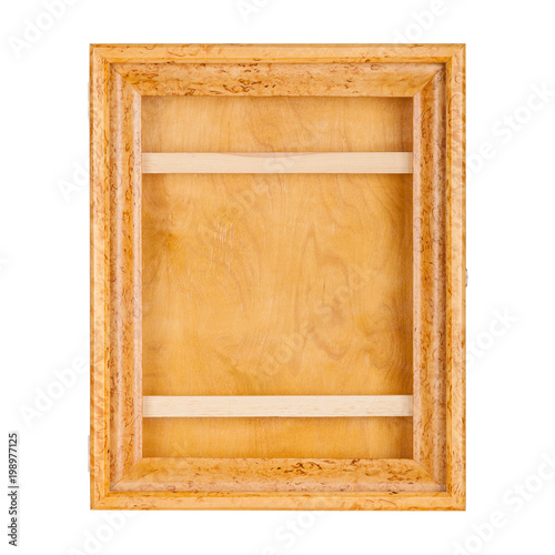 Golden natural color is an empty lacquered wooden frame for photographs, paintings or ikon. Isolated over white background