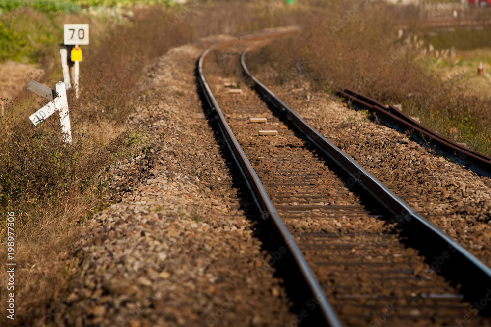 Obraz premium 日本のローカル鉄道 線路と標識 冬枯れの路傍