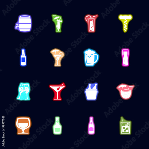 Alcoholic Neon light icons set. Collection bright Vector icon