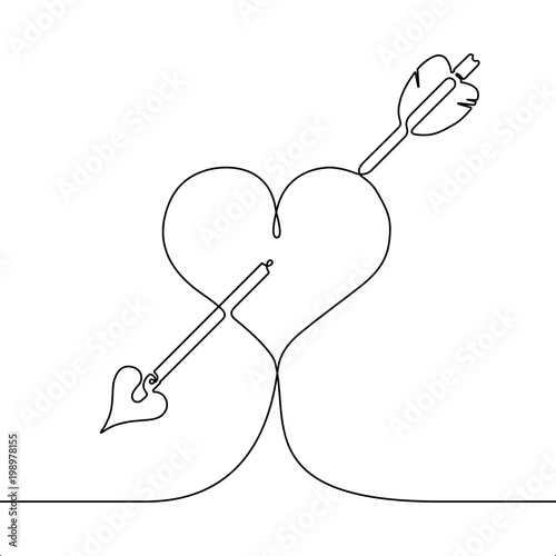 Continuous line drawing heart pierced by an arrow, single line love concept, valentines day minimalist vector illustration