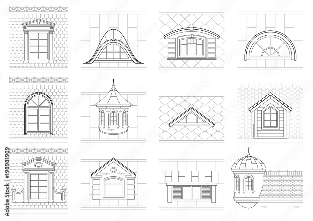 A set of classic mansard facade windows. Pediments. Attics. Silhouettes of city roofs