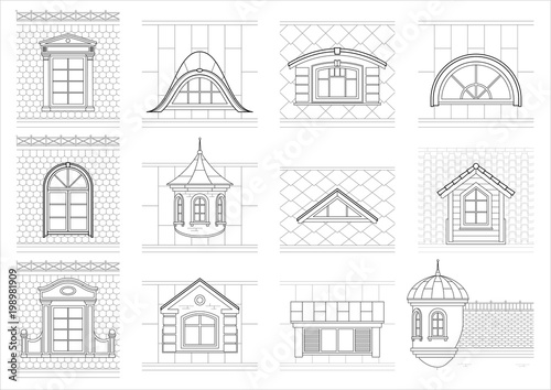 A set of classic mansard facade windows. Pediments. Attics. Silhouettes of city roofs
