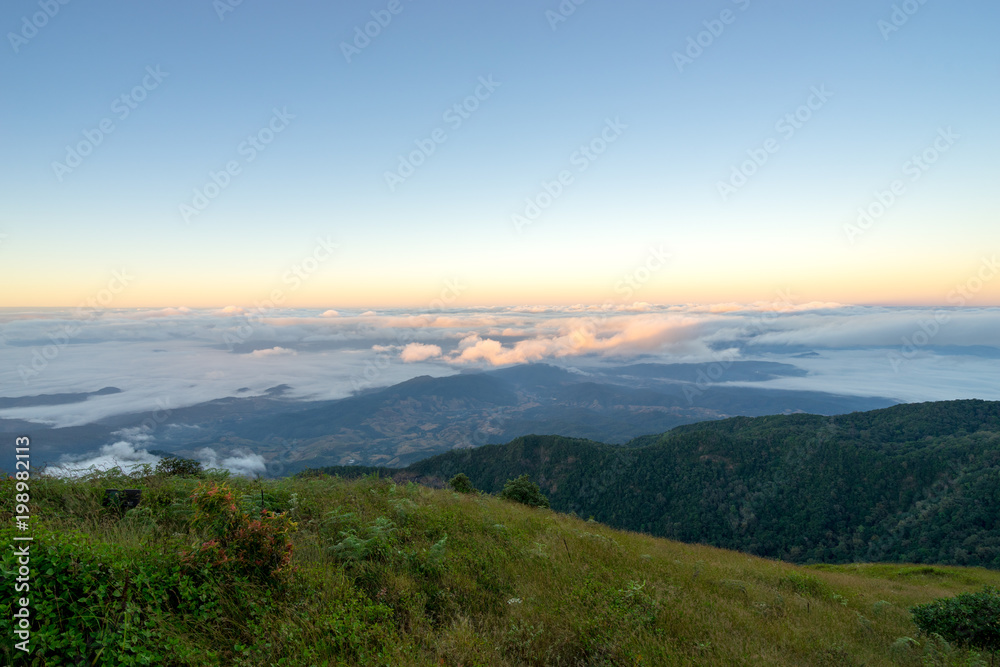 green valley hill and fog morning with sunrise scene green valley hill and fog morning with sunrise scene