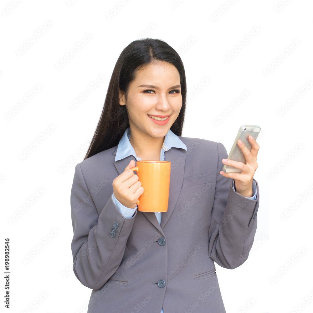Portrait of business woman with cup of drinking water ,tea or coffee and talking .smartphone isolated on white background Portrait of business woman with cup of drinking water ,tea or coffee and talking .smartphone isolated on white background