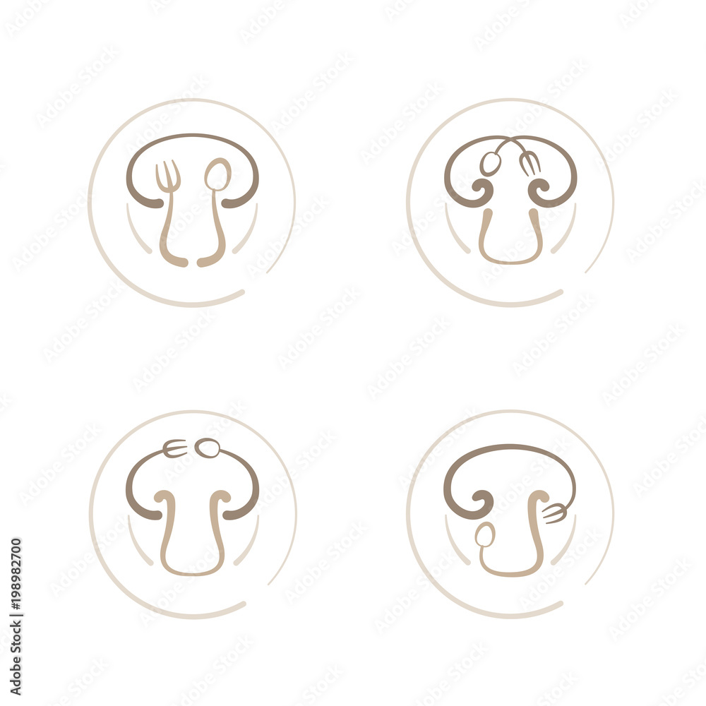 Mushroom icon with spoon fork plate concept outline stroke set flat design brown color illustration isolated on white background, vector eps 10 Mushroom icon with spoon fork plate concept outline stroke set flat design brown color illustration isolated on white background, vector eps 10
