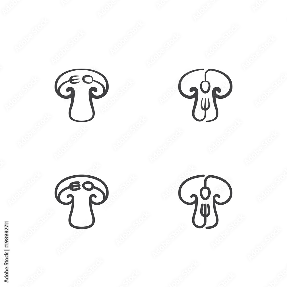 Mushroom icon with spoon fork concept outline stroke set flat design black and white color illustration isolated on white background, vector eps 10 Mushroom icon with spoon fork concept outline stroke set flat design black and white color illustration isolated on white background, vector eps 10