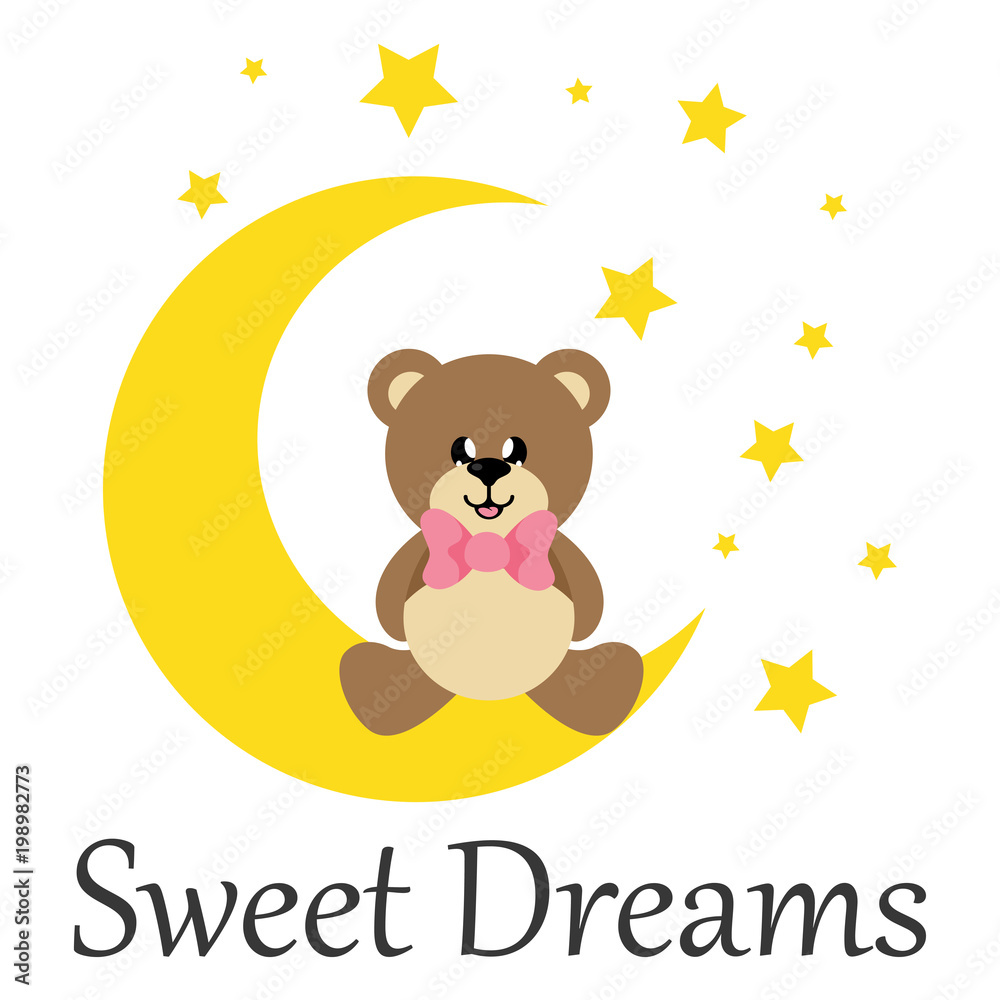 Obraz cartoon cute bear with tie sitiing and moon with text