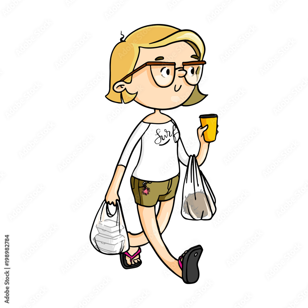 Φωτογραφία Cute cartoon girl carrying store bags and coffee cup after shopping