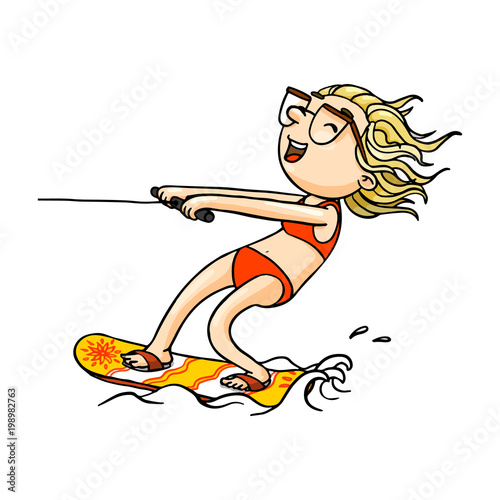 Cute cartoon wakeboard girl in swimsuit doing wakeboarding. Vector isolated hand drawn character.