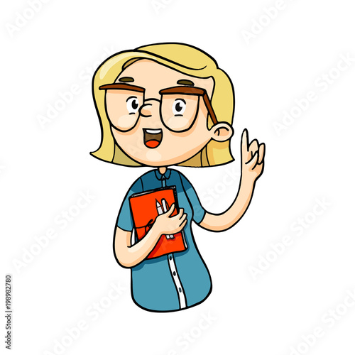 Clever cartoon girl talking important things with finger up. Vector isolated hand drawn character.