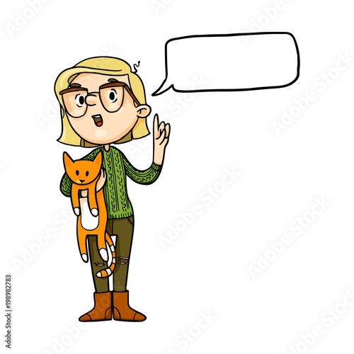 Cute talking cartoon girl with ginger cat. Speech bubble blank. Vector isolated hand drawn character.