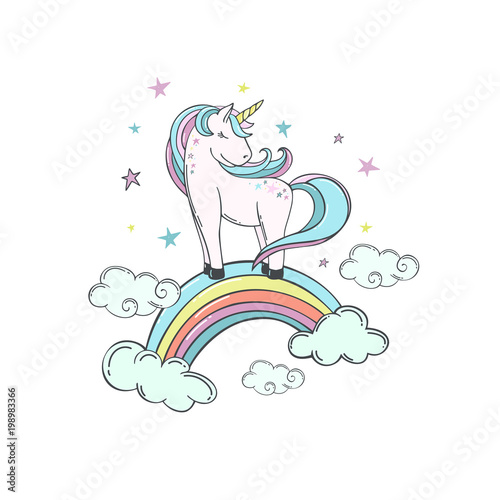 Unicorn on a rainbow in the clouds and stars. Vector illustration. Cute character for children's design, postcards and etc.