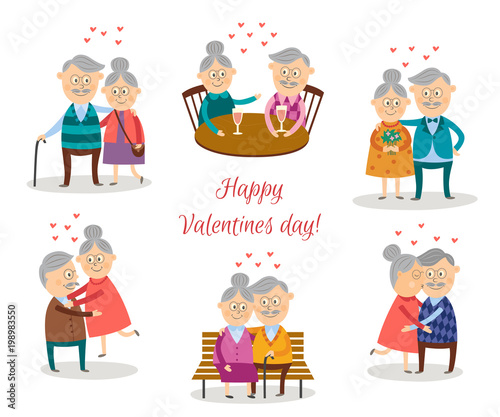 Vector cute senior couples in love dating at valentine s day set. Flat elderly characters in casual clothing hugging, embrasing expressing care, positive emotions. Isolated illustration. photo