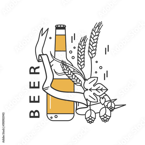 .Beer bottle, hops, wheat and ribbon . Linear icon. Sign, design elements, symbol, emblem, label, logo for brewery, beer restaurant, pub, bar, menu, website. Vector illustration.