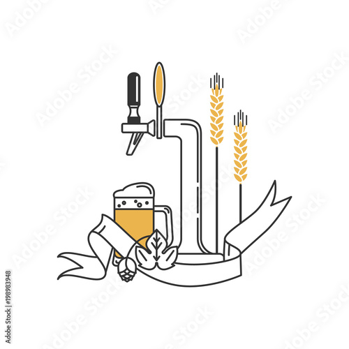 Beer tap, mug, hops, wheat and ribbon . Linear icon. Sign, design element, symbol, emblem, label, logo for brewery, beer restaurant, pub, bar, menu, website. Vector illustration.