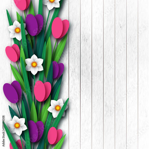 Fototapeta Naklejka Na Ścianę i Meble -  Paper cut spring flowers tulip and narcissus. Template for greeting card, wooden background. Papercraft style. Vector illustration.