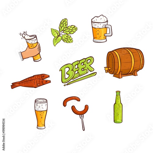 Vector cartoon beer symbols icon set. man hands holding thin , big mugs of golden lager cool beer with thick foam, bottle of beer, green hop cones, leaves, sausages, dried fish. isolated illustration