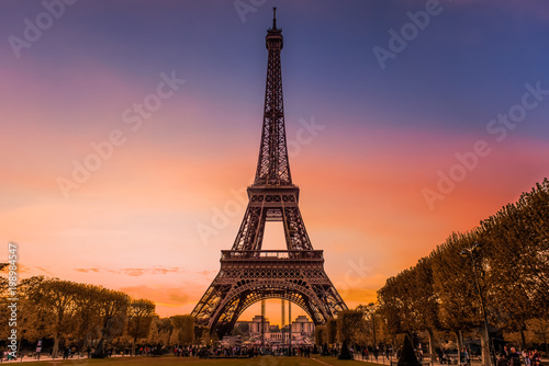 Eiffel tower in Paris at dusk  with sky of various colors