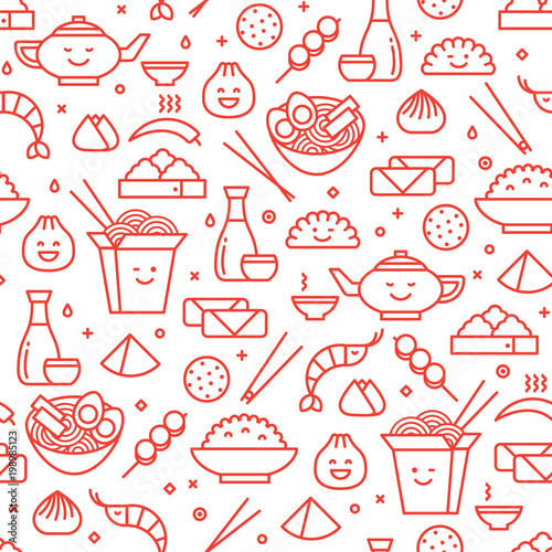 Vector outlined iconic seamless pattern of Chinese food. Traditional food of different places of China like noodles, dim sum, ramen and spring rolls.