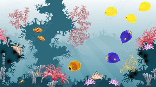 Sea underwater world with coral reef, colorful fish and sponges, realistic vector seamless horizontal background ready for parallax effect.