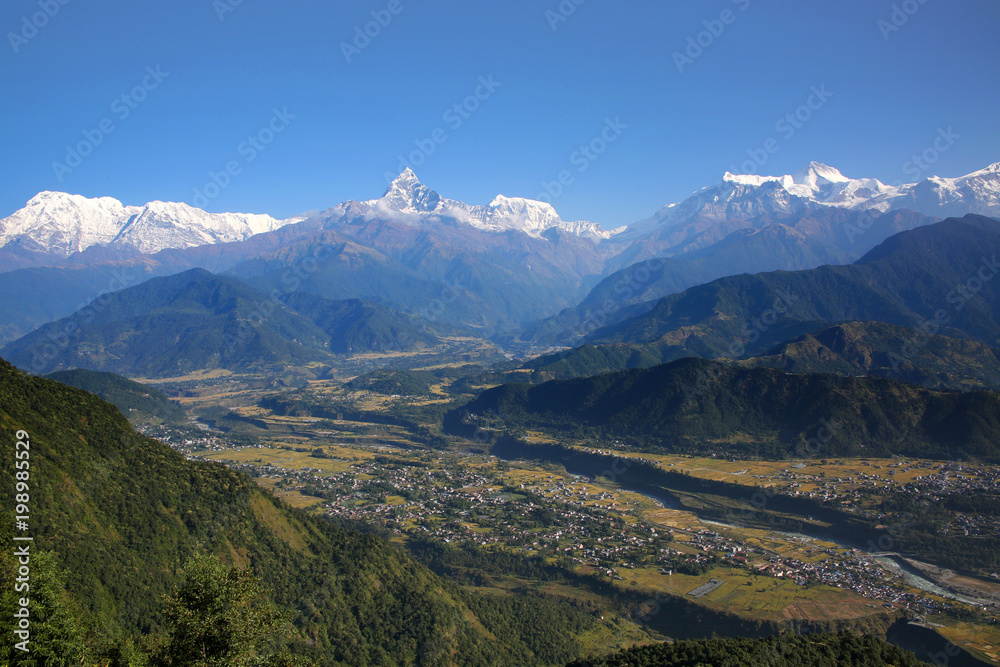 View from Sarangkot towards the Annapurna Conservation Area & the Annapurna range of the Himalayas, Nepal.