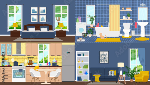 Apartment inside. Rooms with furniture. Vector flat illustration.