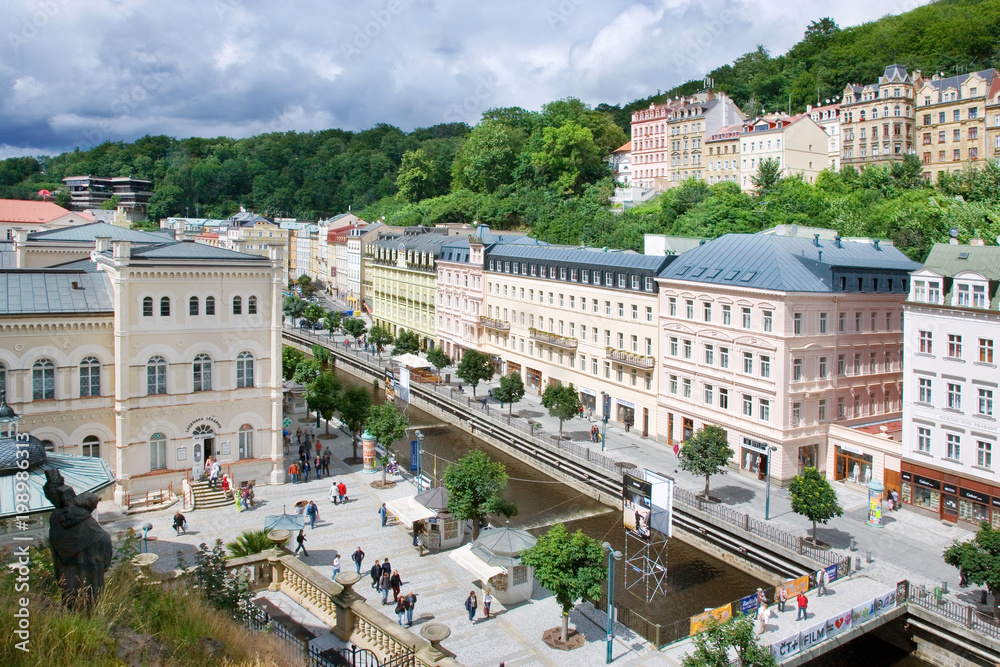 historical center in spa town Karlovy Vary, West Bohemia, Czech republic. Famous historical springs, most visited in CR.