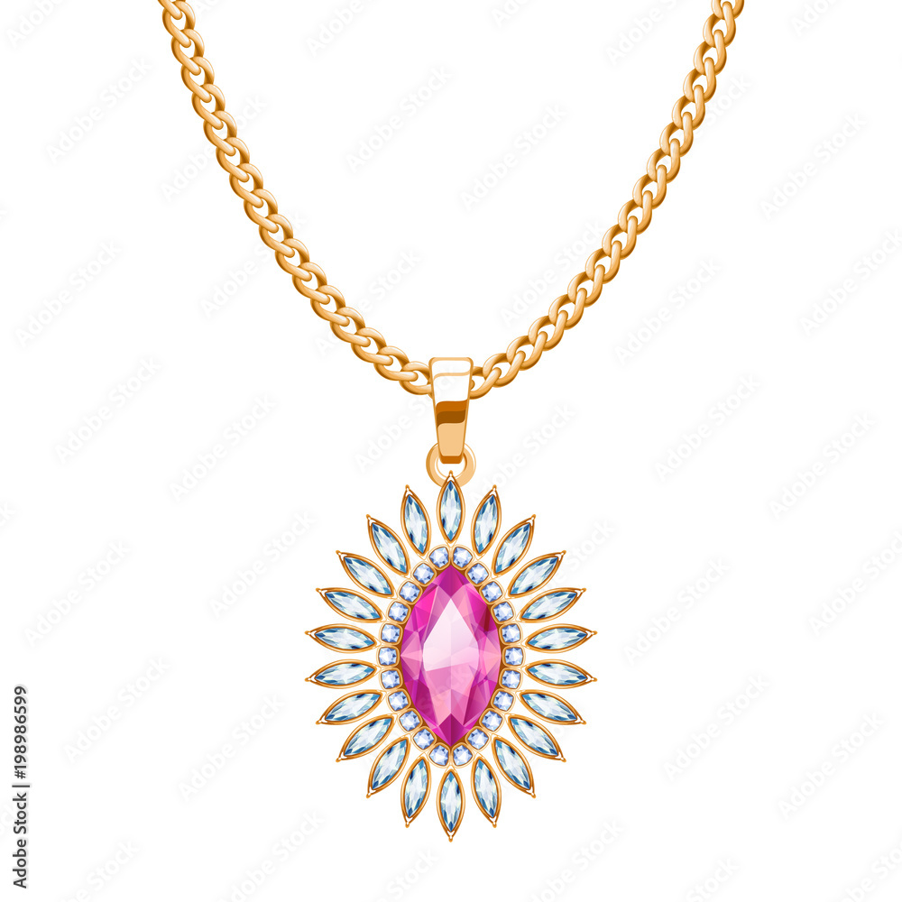 Golden chain necklace with ruby gemstone pendant. Golden chain necklace with ruby gemstone pendant.
