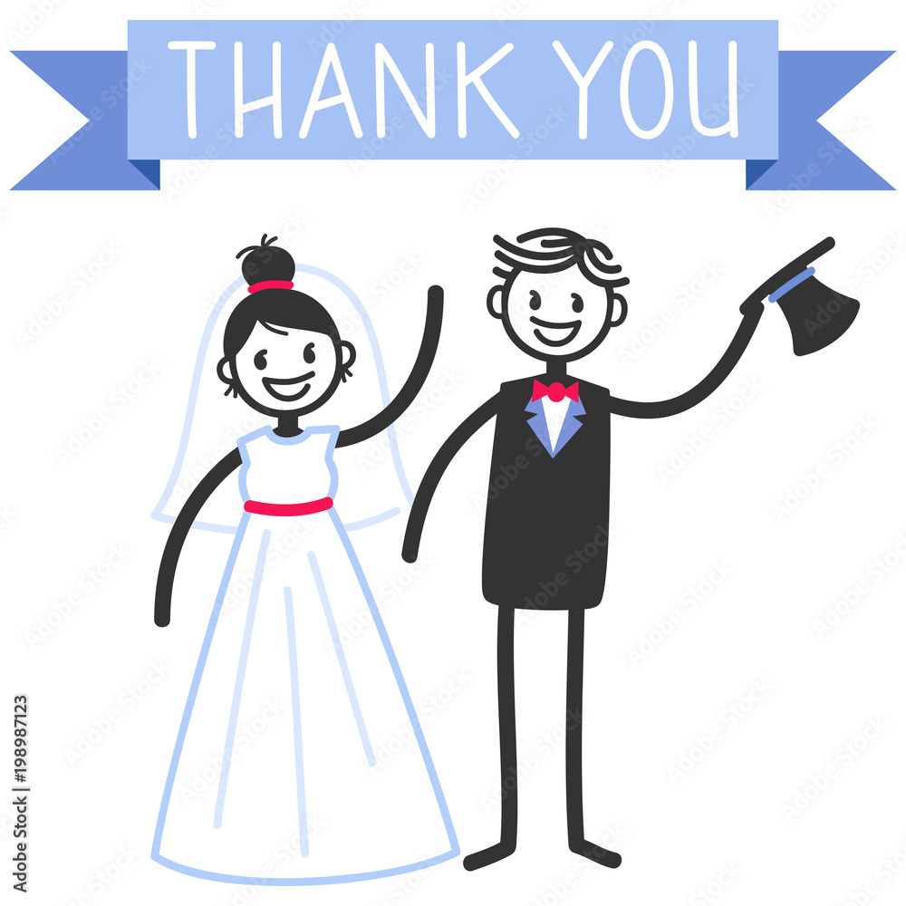 Vector wedding illustration of cute stick figures bridal couple standing, waving, blue banner Thank you isolated on white background, wedding invitation template Vector wedding illustration of cute stick figures bridal couple standing, waving, blue banner Thank you isolated on white background, wedding invitation template