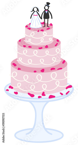 Vector illustration of pink cartoon wedding cake with little bridal couple on top isolated on white background