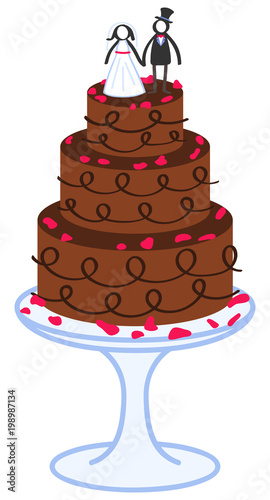 Vector illustration of cartoon chocolate wedding cake with little bridal couple on top isolated on white background