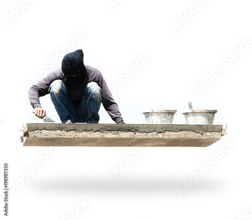 Construction worker Man Working with Trowel and Mortar isolated on white