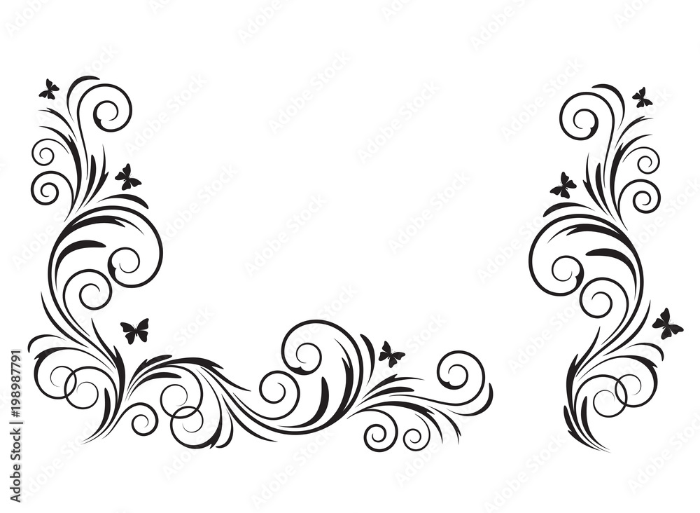 Decorative black floral element and corner, stencils.