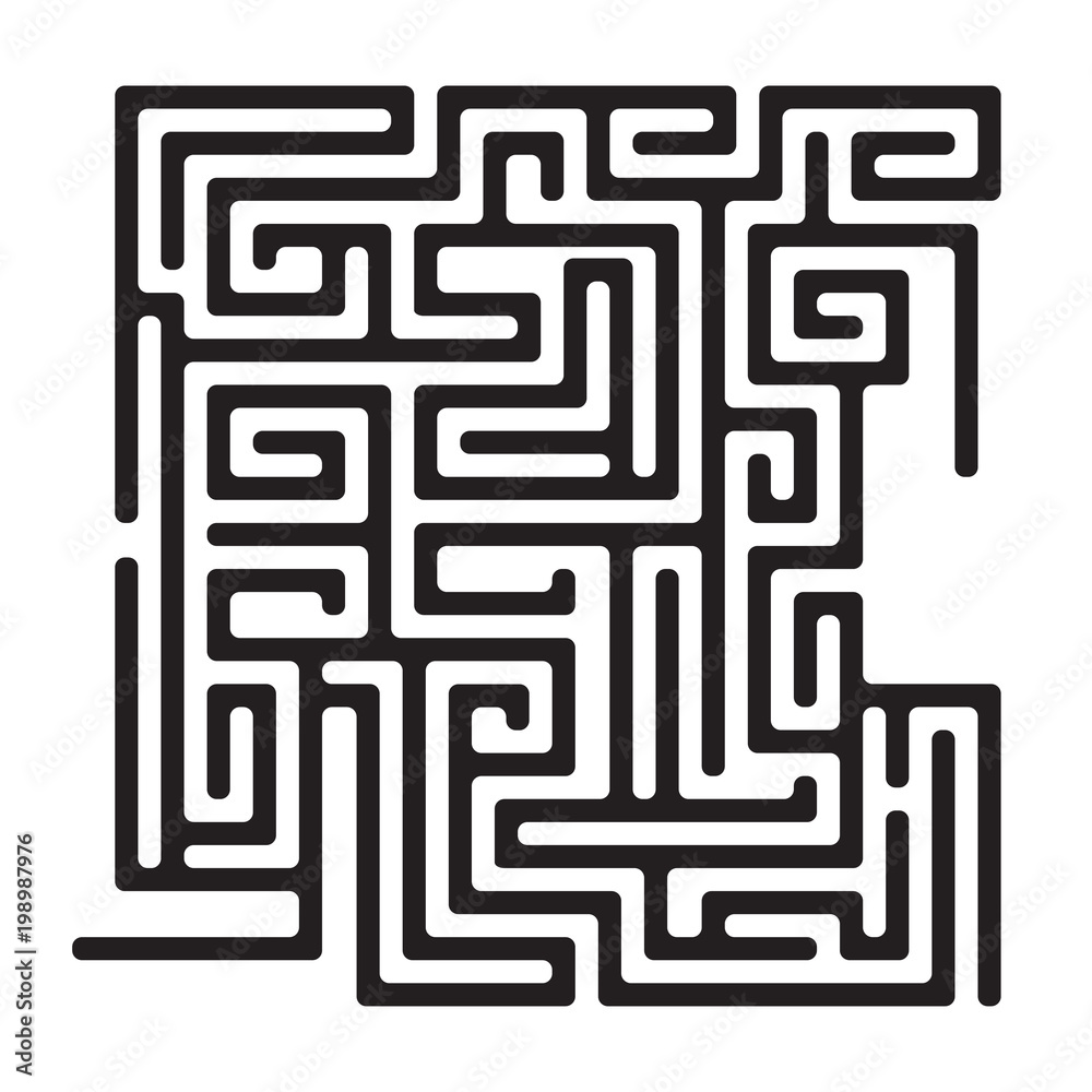 Square maze game for kids and adults. Black lines with rounded corners.