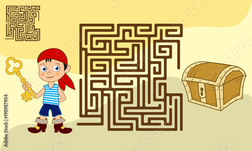 Square maze game for kids with solution. Cartoon boy with a key looking for the path to the chest of jewels.