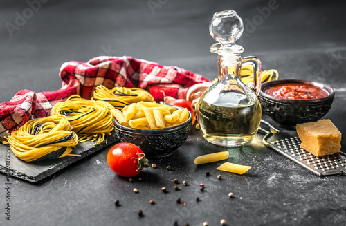 Ingredients for cooking traditional Italian pasta photo