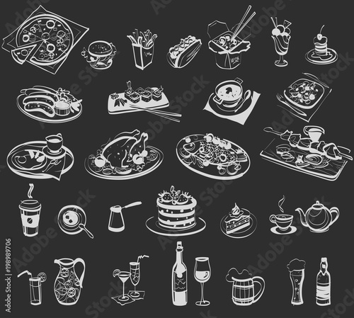 linear drawing of various food and drinks for a cafe, bar, restaurant, fast food, dining room; sketch, isolated objects, vector illustration