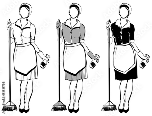 maid or cleaning lady, line drawing for your design, three black and white versions, vector illustration, isolated object