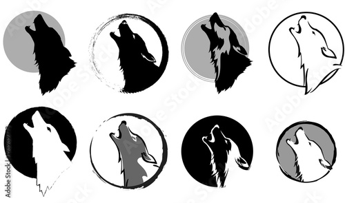 set of stylized images of a wolf glory wailing at the moon, black and white variants, vector illustration, isolated objects