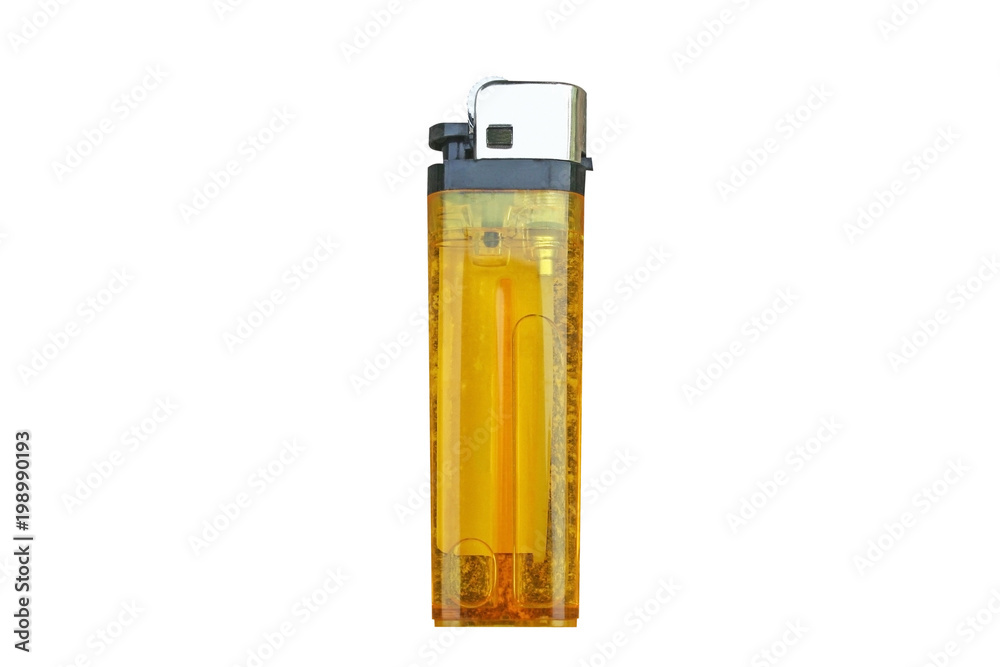 isolated yellow plastic gas lighter on white background isolated yellow plastic gas lighter on white background
