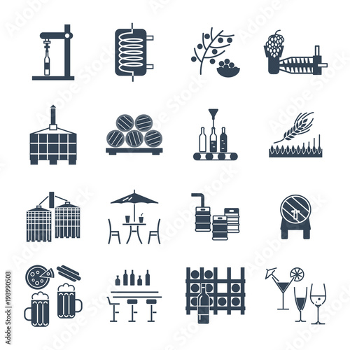 set of black icons alcohol drinks, beverages, wine, beer