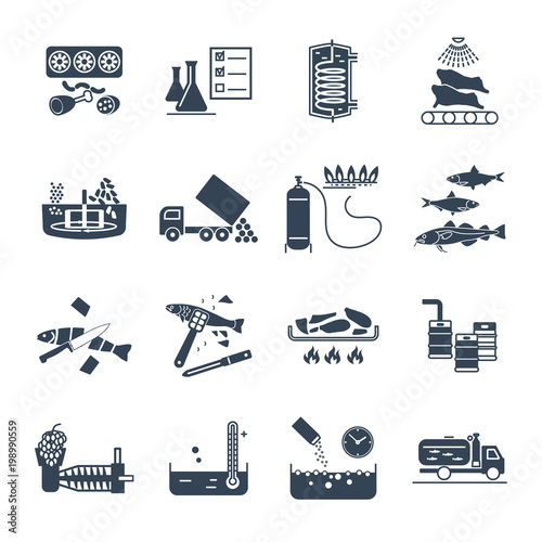 set of black icons food, meal production process, cooking