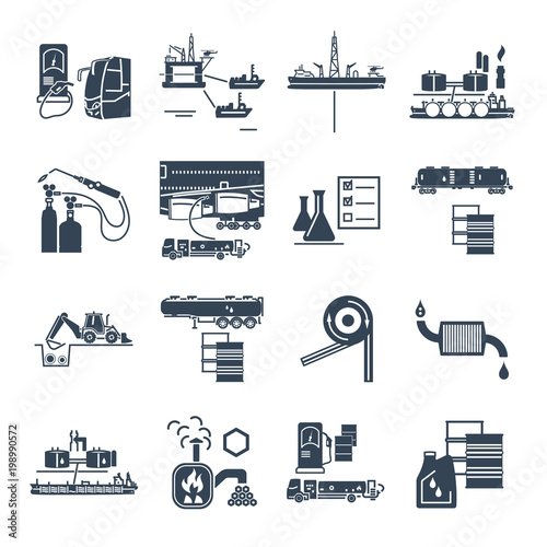 set of black icons fuel, gas, oil transport, production