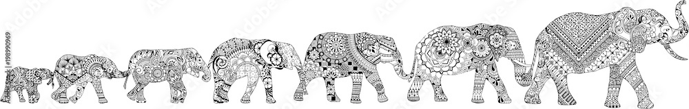 Obraz premium 7 elephants decorated in the mehendi style. Different elephants, with different patterns in oriental style.